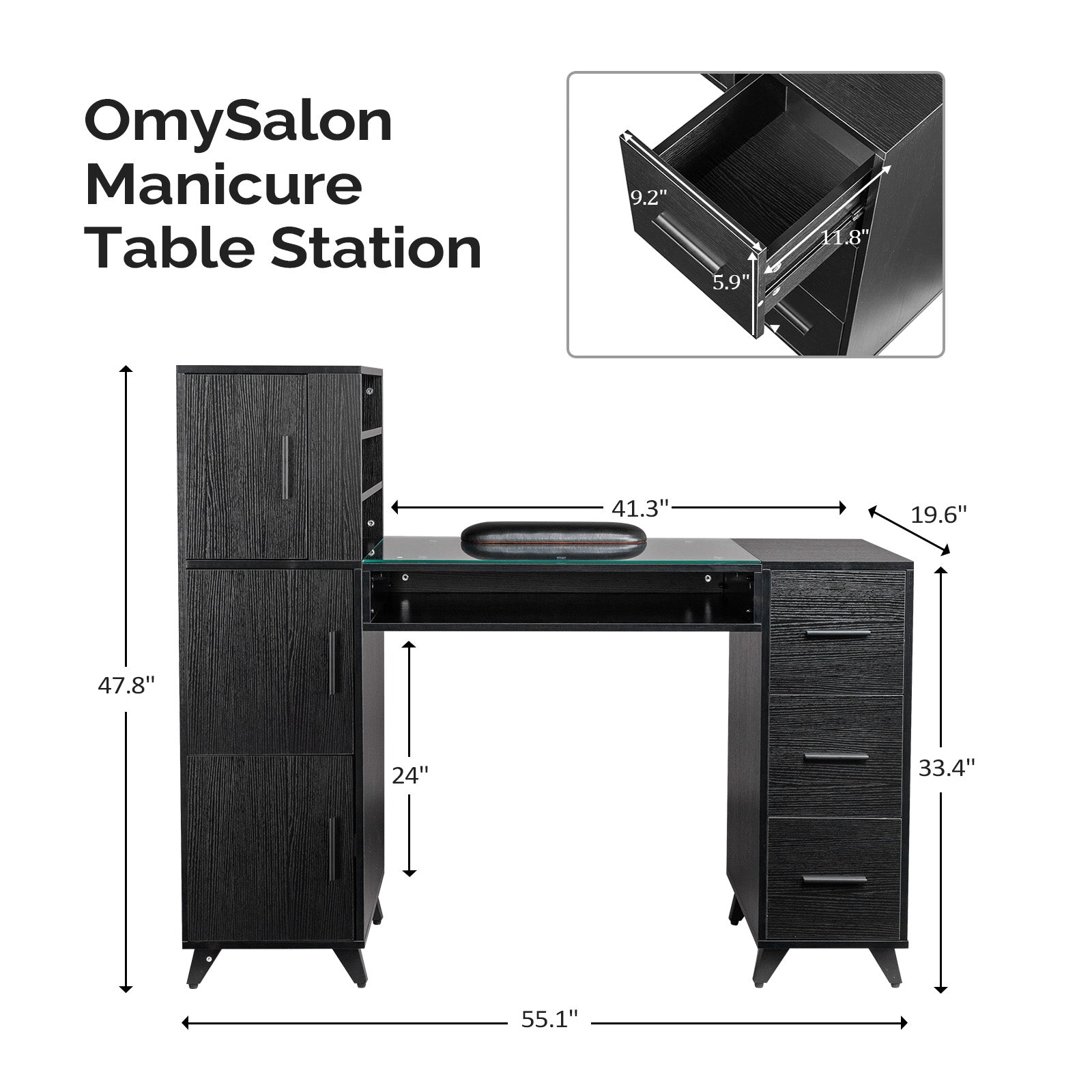 Omysalon Nail Manicure Table w/Glass Top & Wrist Rest