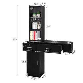 OmySalon Wall Mount Barber Station with 2 Drawers 1 Cabinet 3 Shelves White/Black/Red & Black