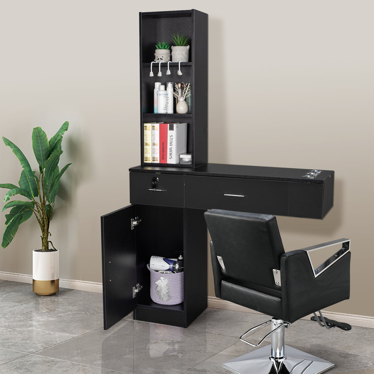OmySalon Wall Mount Barber Station with 2 Drawers 1 Cabinet 3 Shelves White/Black/Red & Black