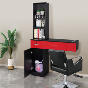 OmySalon Wall Mount Barber Station with 2 Drawers 1 Cabinet 3 Shelves White/Black/Red & Black