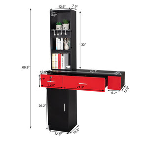 OmySalon Wall Mount Barber Station with 2 Drawers 1 Cabinet 3 Shelves White/Black/Red & Black