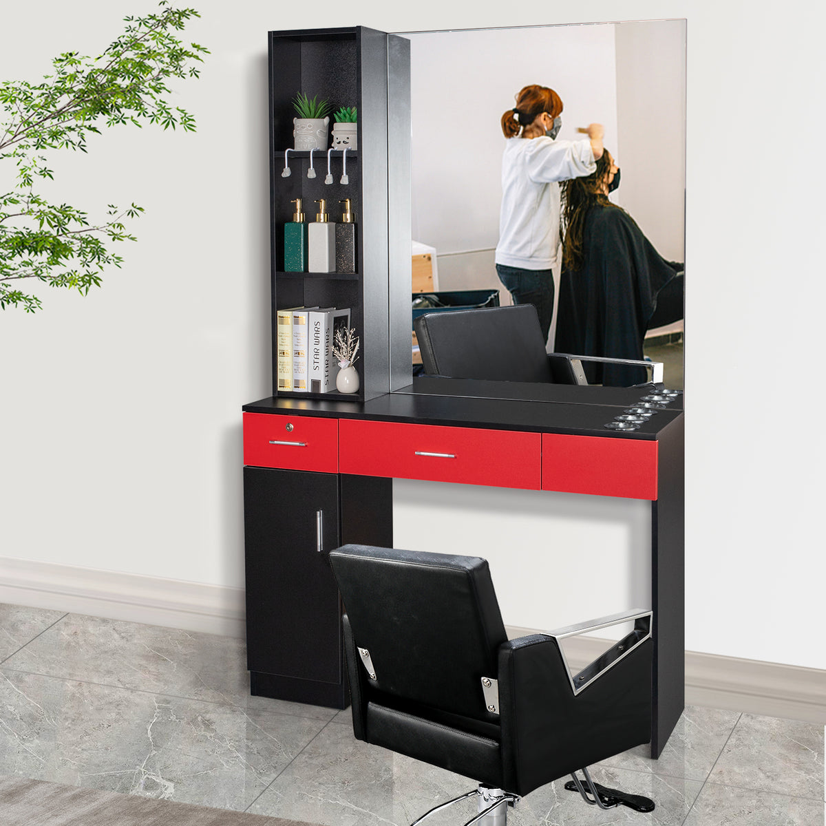 OmySalon HSC-09 Wall Mount Barber Station 2 Drawers 1 Storage Cabinet 3 Open Shelves with Mirror & Support Leg