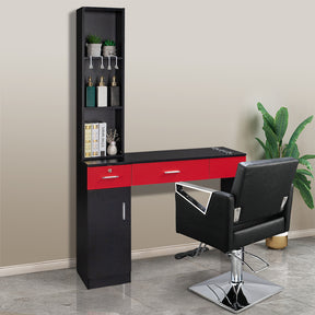 OmySalon HSC-08 Barber Station Wall Mount  2 Drawers 1 Storage Cabinet 3 Open Shelves Black/Red & Black