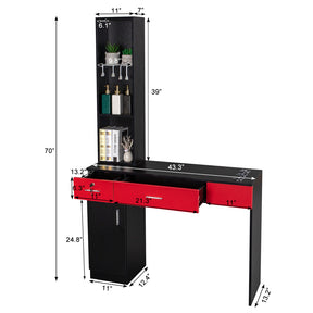 OmySalon HSC-08 Barber Station Wall Mount  2 Drawers 1 Storage Cabinet 3 Open Shelves Black/Red & Black
