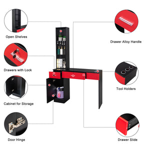 OmySalon HSC-08 Barber Station Wall Mount  2 Drawers 1 Storage Cabinet 3 Open Shelves Black/Red & Black