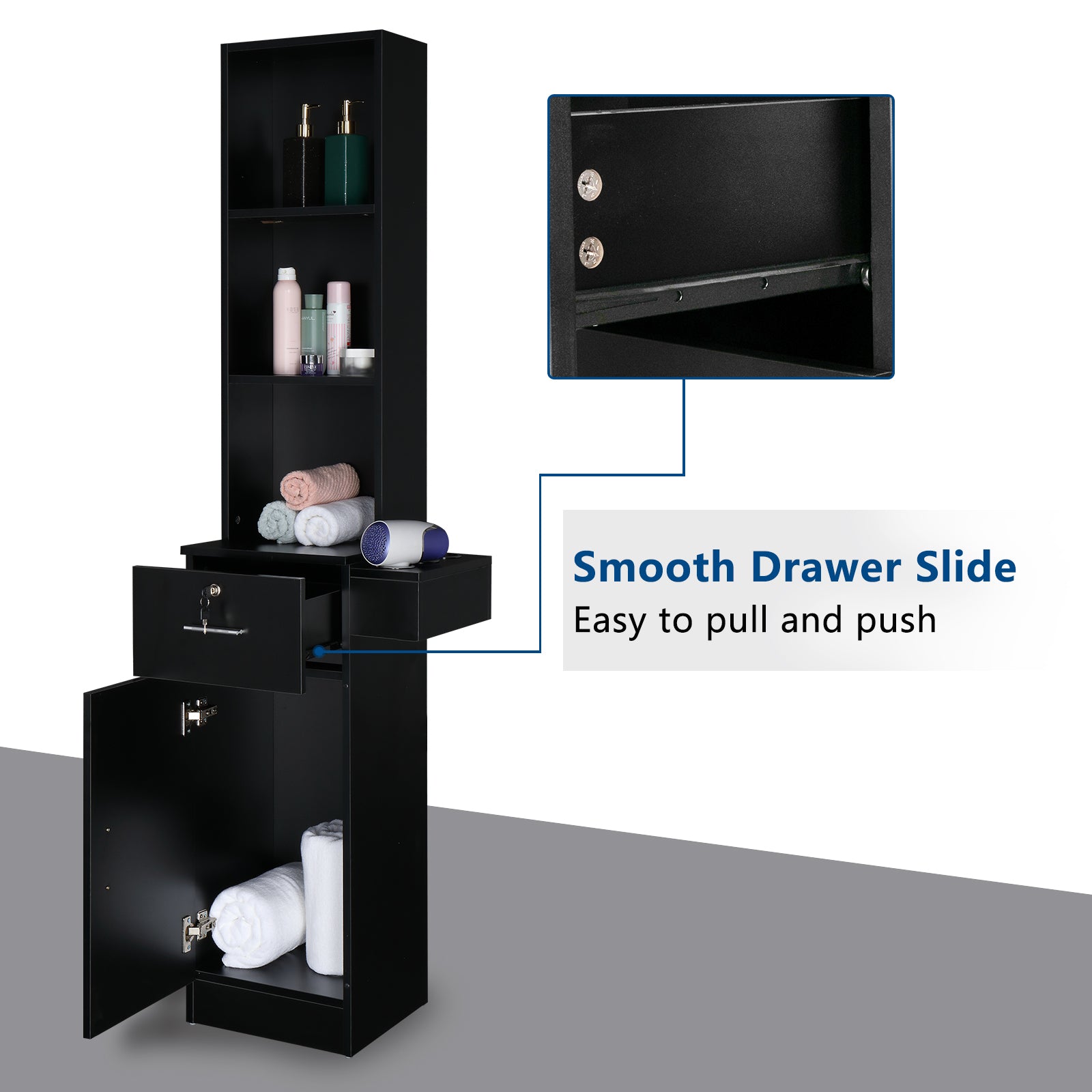 OmySalon Wall Mount Barber Station with 3-Shelves 1 Drawer 1 Storage Cabinet 3 Hair Dryer Holders, Black/Rustic Brown