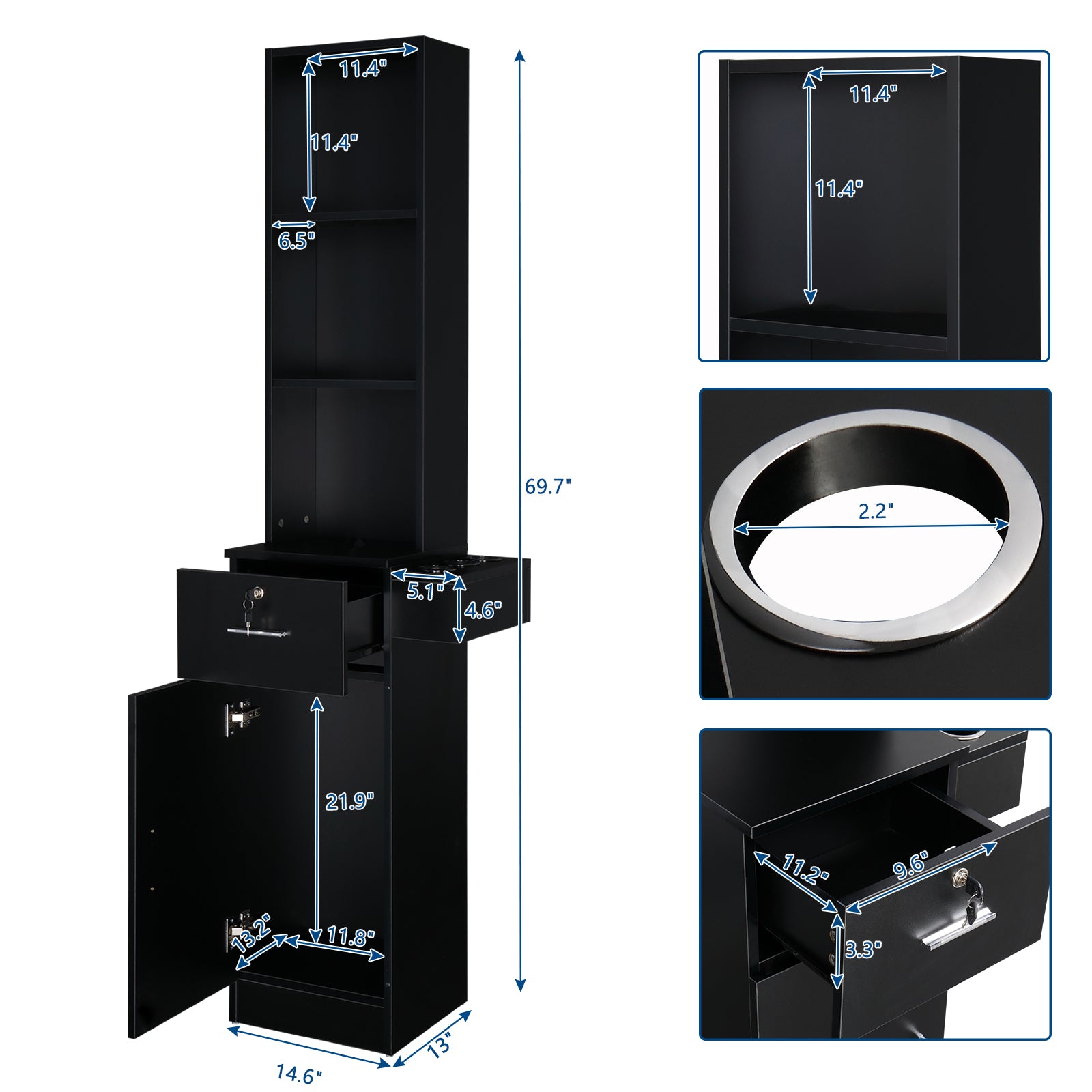 OmySalon Barber Storage Station Cabinet w/1 Drawer 3-Tier Storage Shelf 1 Storage Cabinet 3 Hair Dryer Holders
