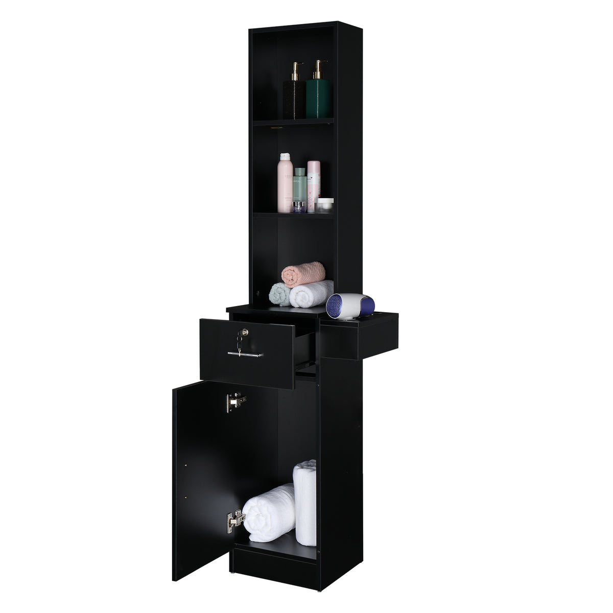 OmySalon Wall Mount Barber Station with 3-Shelves 1 Drawer 1 Storage Cabinet 3 Hair Dryer Holders, Black/Rustic Brown