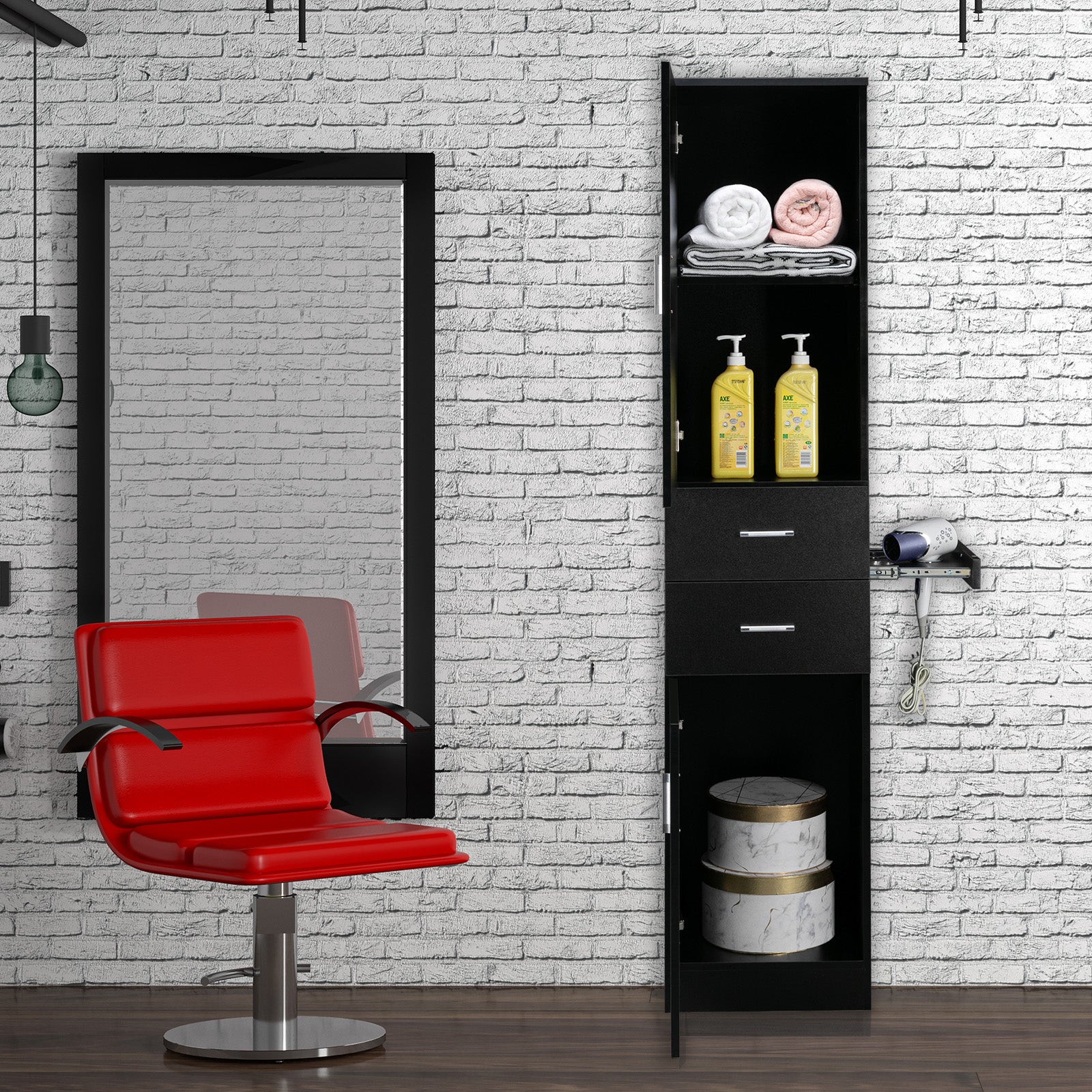 OmySalon Wall Mount Salon Hair Styling Barber Stations 2-Tier Storage Shelf w/Door 2 Drawer 1 Storage Cabinet 3 Hair Dryer Holders