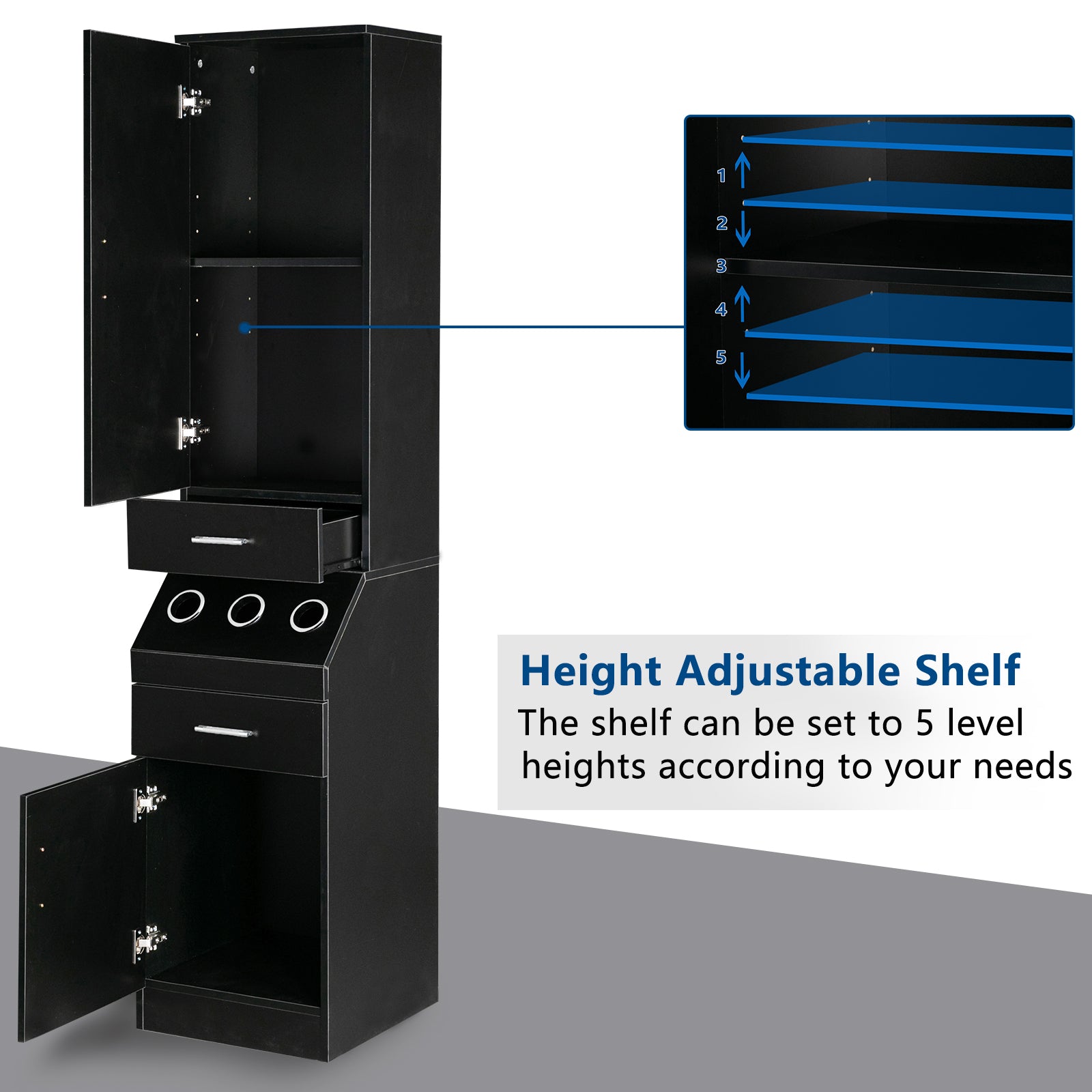 OmySalon Wall Mount Salon Barber Station 2-Tier Storage Shelf w/ Door 2 Drawer 1 Storage Cabinet 3 Hot Tool Holders Black