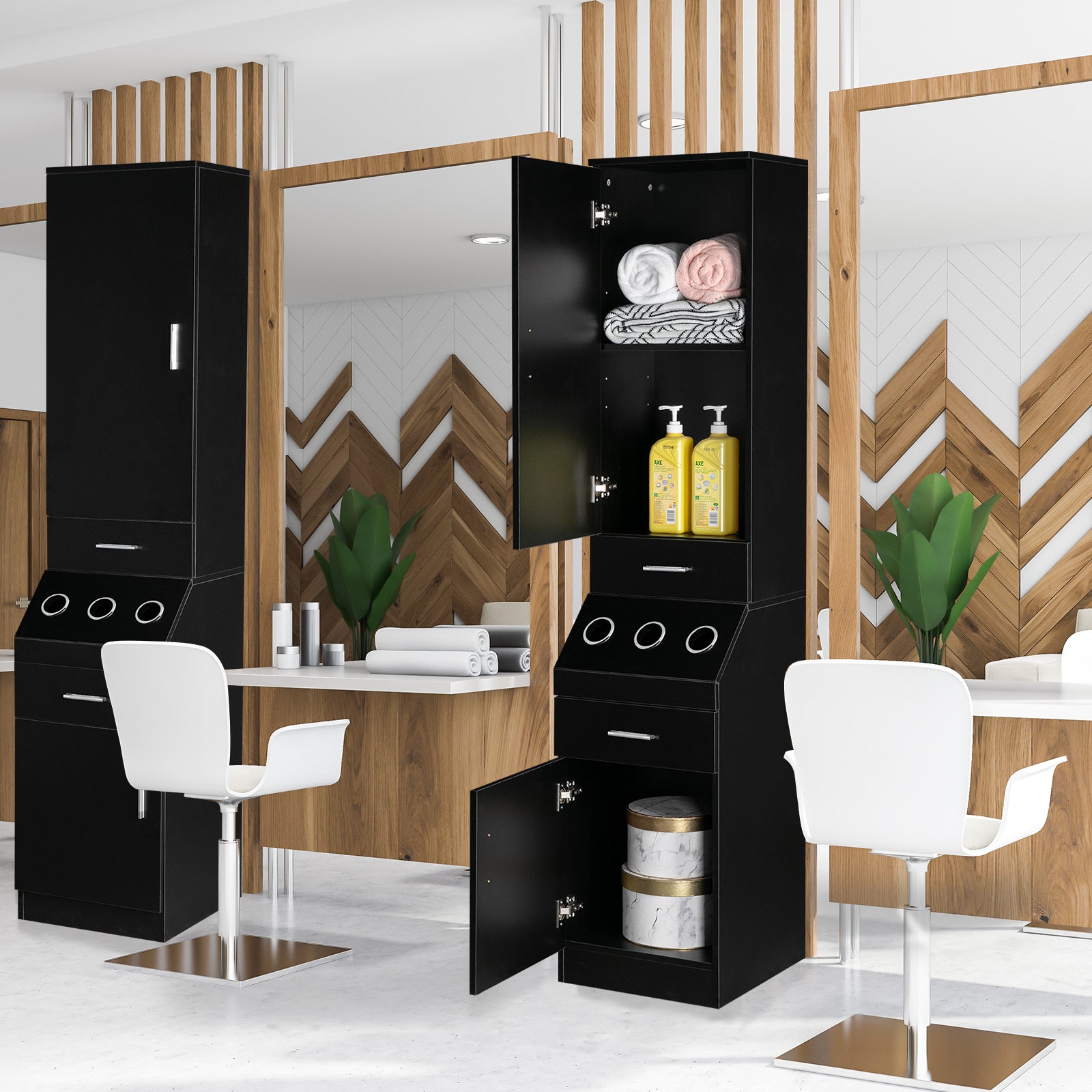 OmySalon Wall Mount Salon Barber Station 2-Tier Storage Shelf w/ Door 2 Drawer 1 Storage Cabinet 3 Hot Tool Holders Black