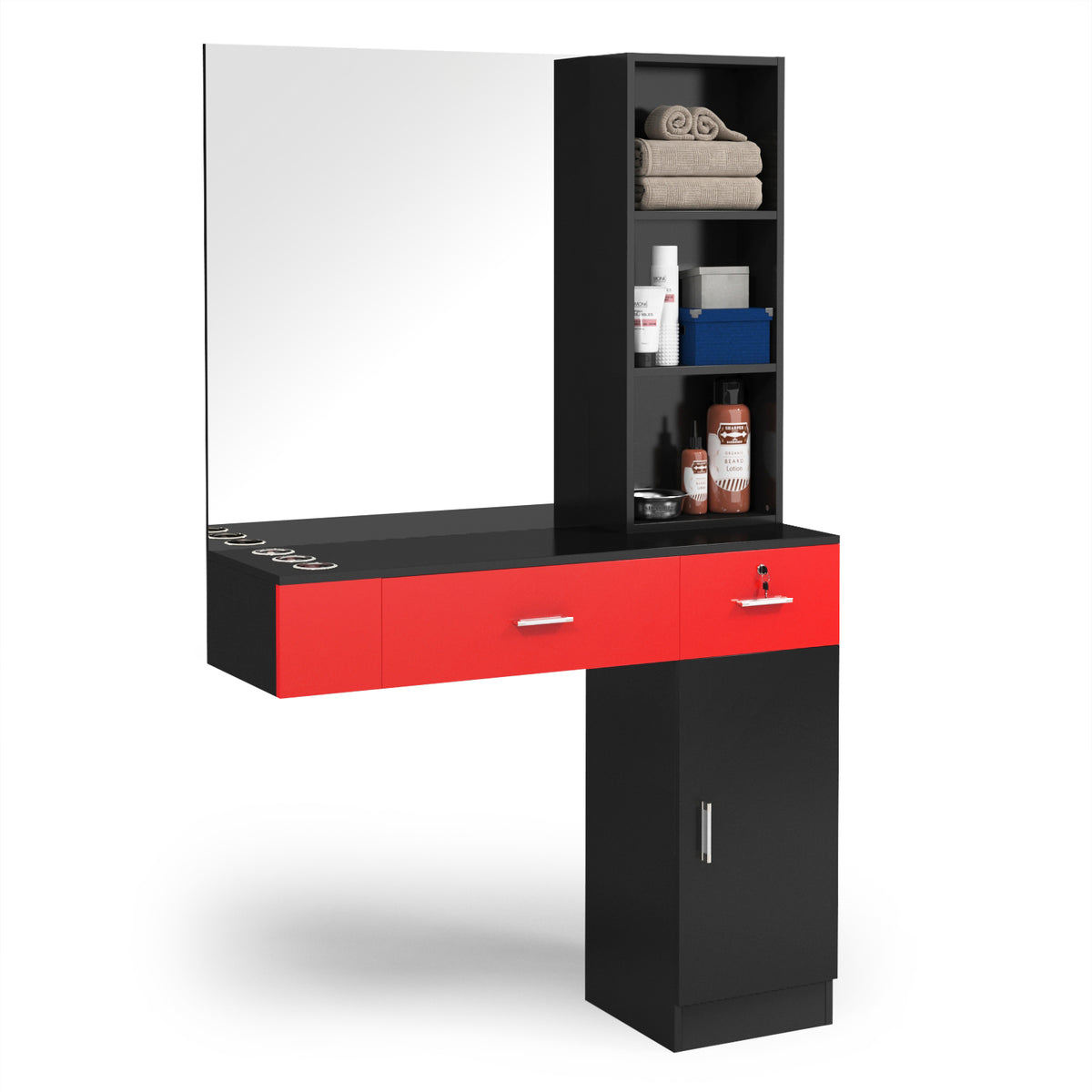 OmySalon HSC-15 Wall Mount Barber Station 2 Drawers 1 Storage Cabinet 3 Open Shelves with Mirror