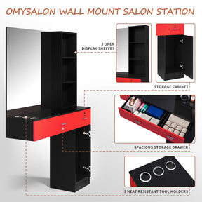 OmySalon Barber Salon Station Wall Mount Hair Styling Station Beauty Spa Salon Equipment Set Black