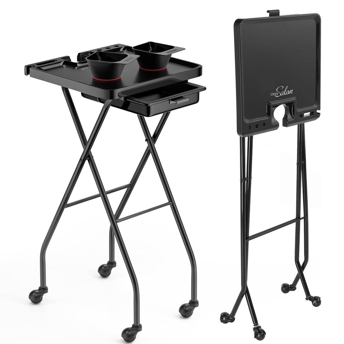 OmySalon Foldable Rolling Salon Tray Trolley Cart w/Wheels & 2 Color Bowls 1 Drawer