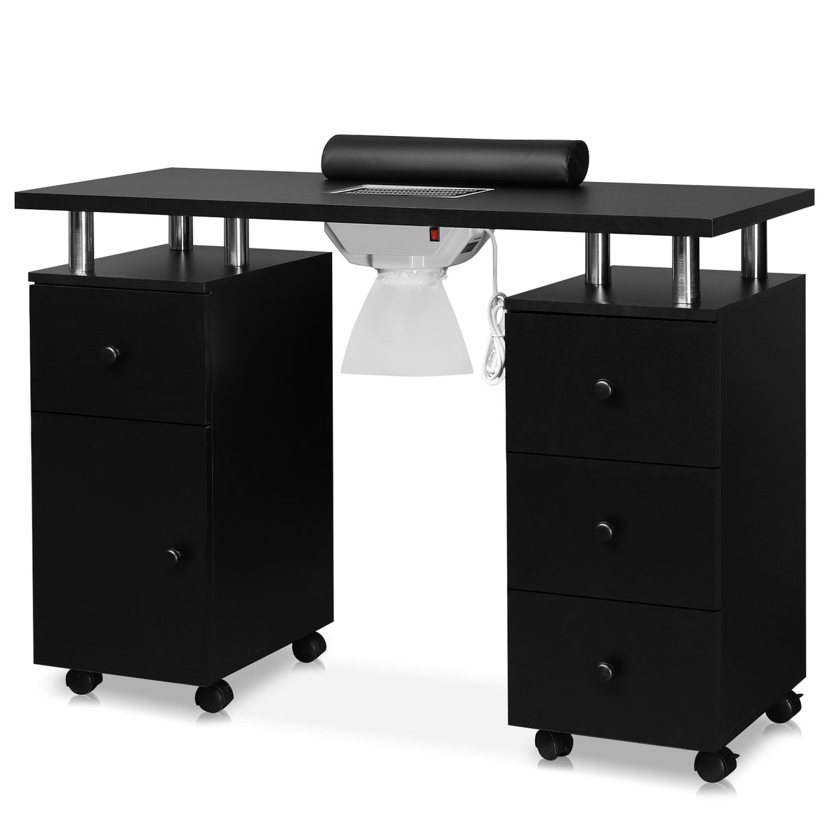 Omysalon Nail Manicure Table w/Electric Dust Collector & Wrist Rest & 2 Open Spaces 1 Side Cabinet 4 Drawers