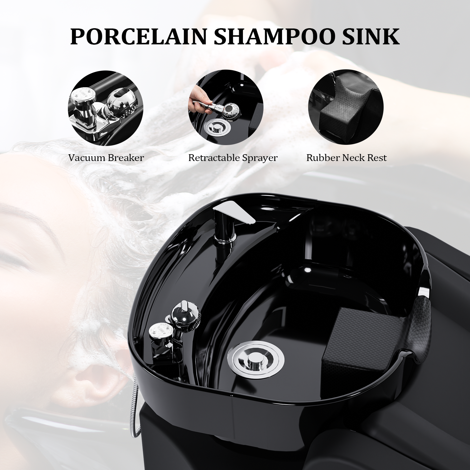 OmySalon BU1301 Salon Shampoo Bowl and Chair Backwash Unit with Extra Large Ceramic Bowl & Freestanding Ottoman