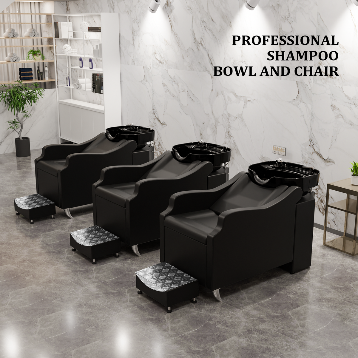 OmySalon Salon Shampoo Bowl and Chair Backwash Unit with Deep Ceramic Sink Freestanding Ottoman Black/White/Mocha