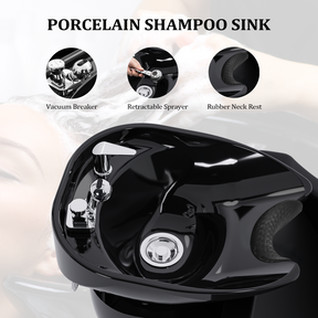 OmySalon BU1211 Electric Shampoo Bowl and Chair Backwash Unit with Reclining Legrest & Tilting Porcelain Shampoo Sink