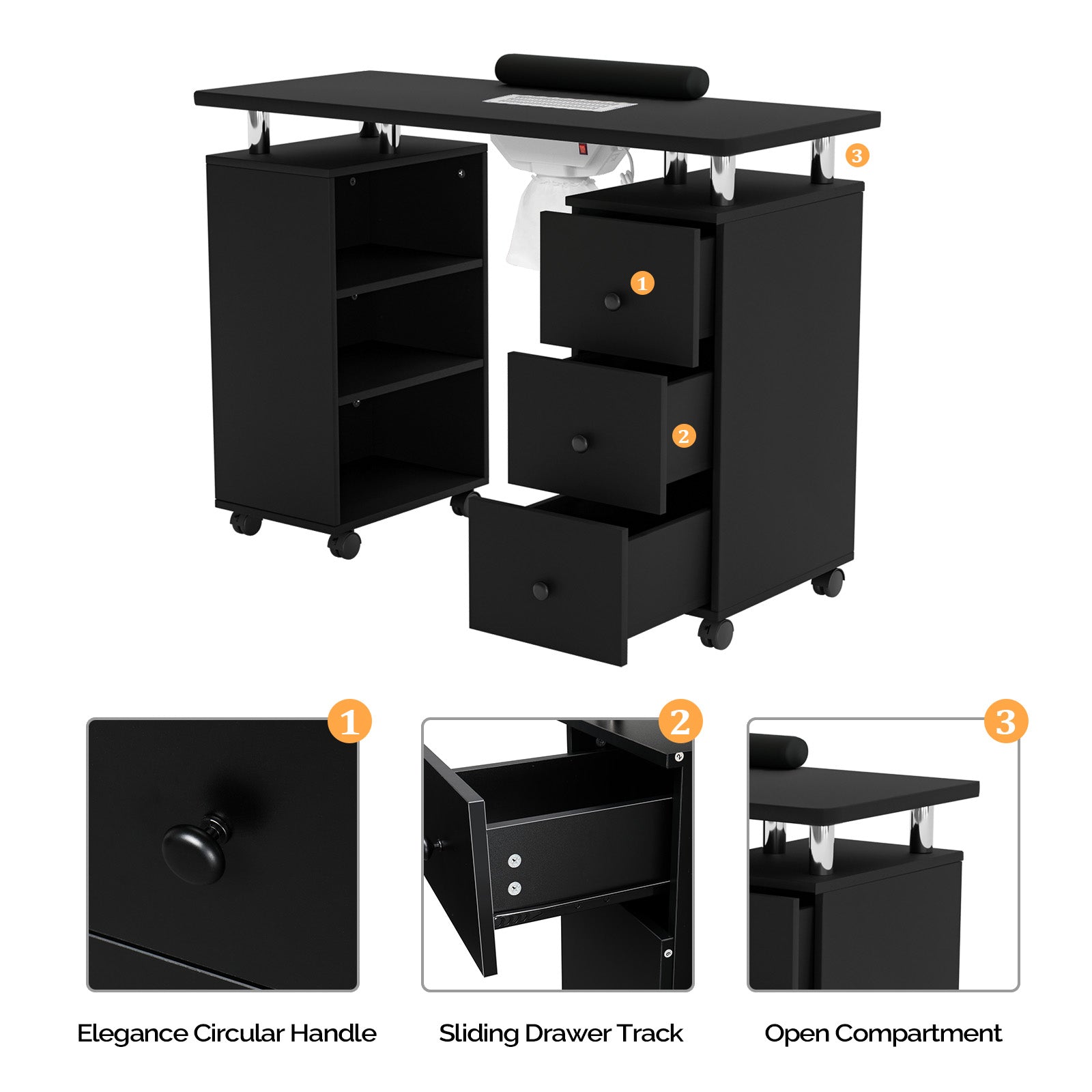 Omysalon Nail Manicure Table w/Electric Dust Collector & Wrist Rest & 3 Layers Open Side Cabinets 3 Drawers