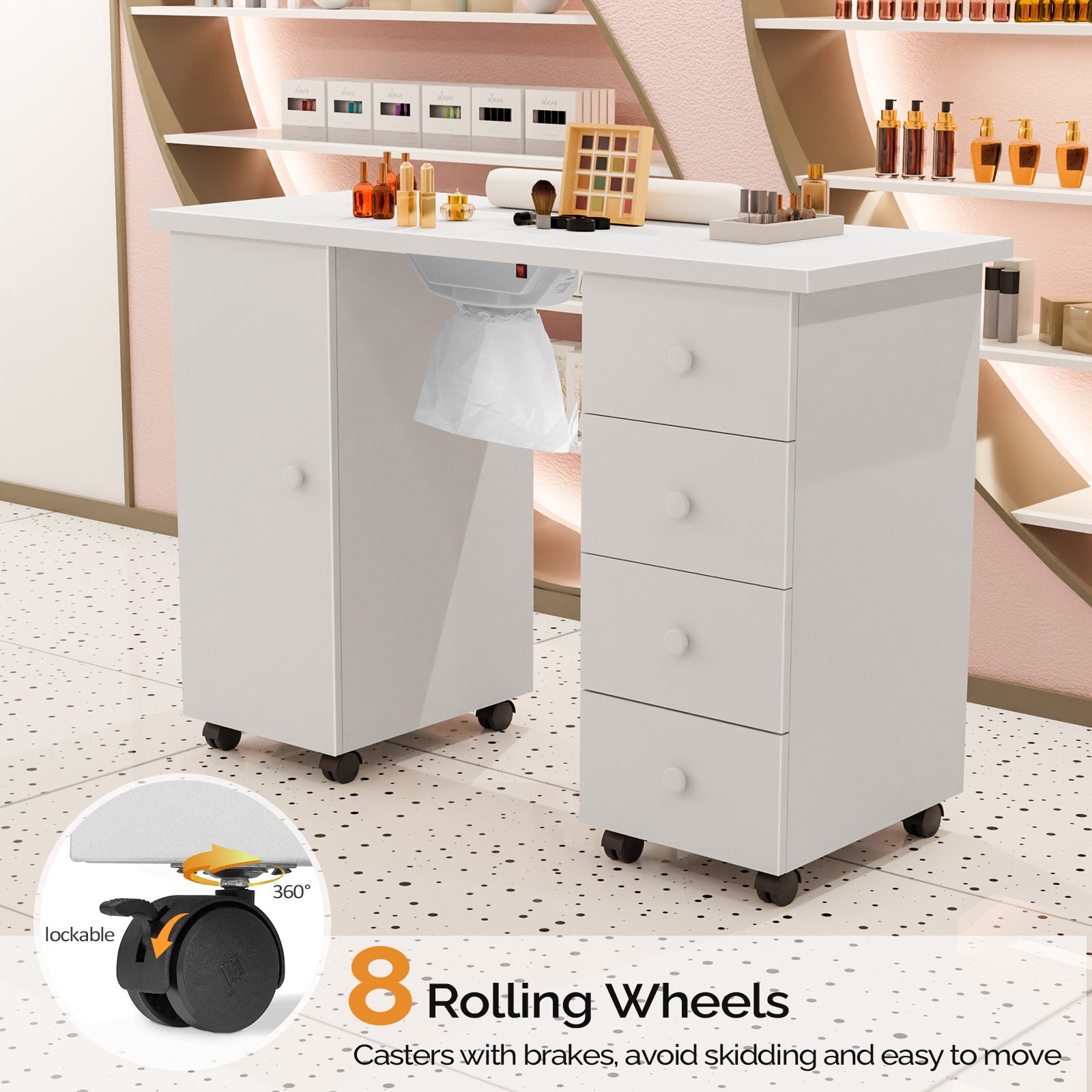 Pro Manicure Table Nail Desk Beauty Salon Dust Collector  Drawers+Wheel+Wrist Pad