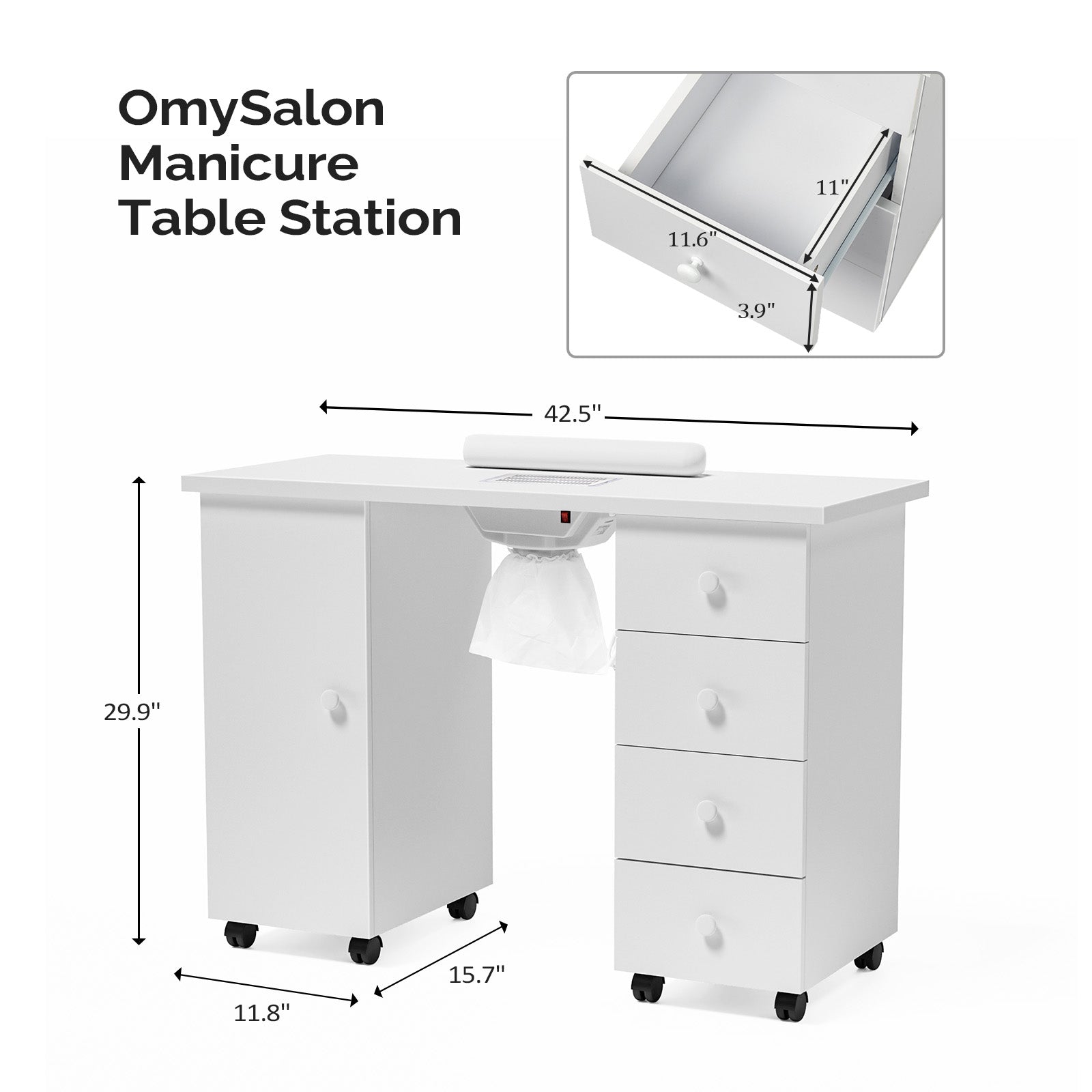 Omysalon Nail Manicure Table w/Electric Dust Collector & Wrist Rest & 1 Large Cabinet 4 Drawers