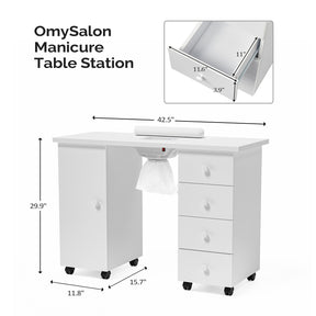 Omysalon Nail Manicure Table w/Electric Dust Collector & Wrist Rest & 1 Large Cabinet 4 Drawers