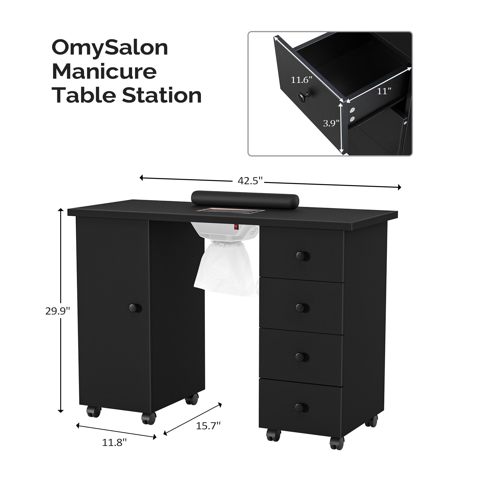 Omysalon Nail Manicure Table w/Electric Dust Collector & Wrist Rest & 1 Large Cabinet 4 Drawers