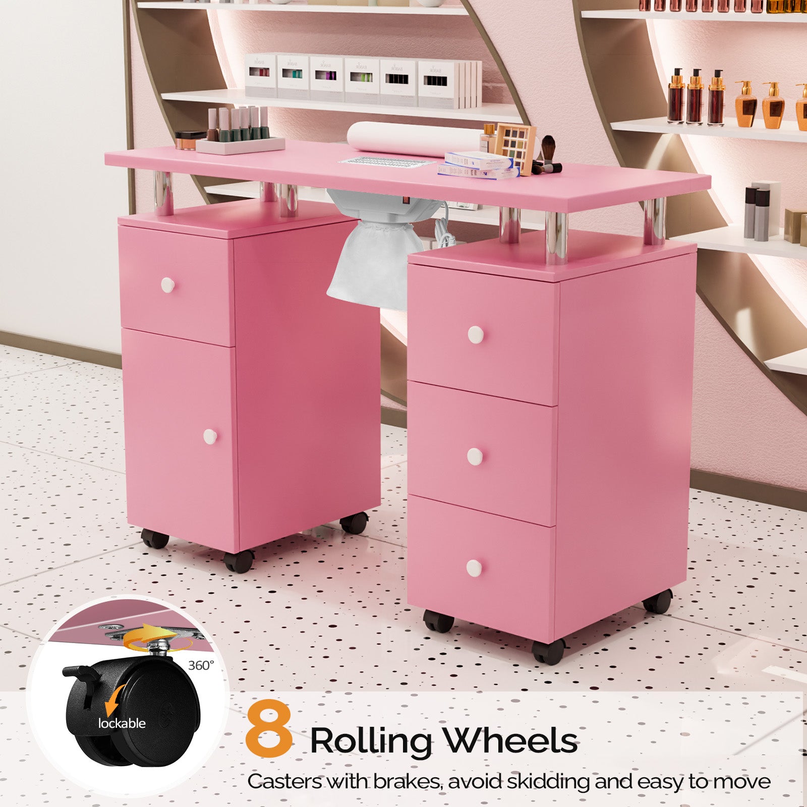Omysalon Nail Manicure Table w/Electric Dust Collector & Wrist Rest & 2 Open Spaces 1 Side Cabinet 4 Drawers