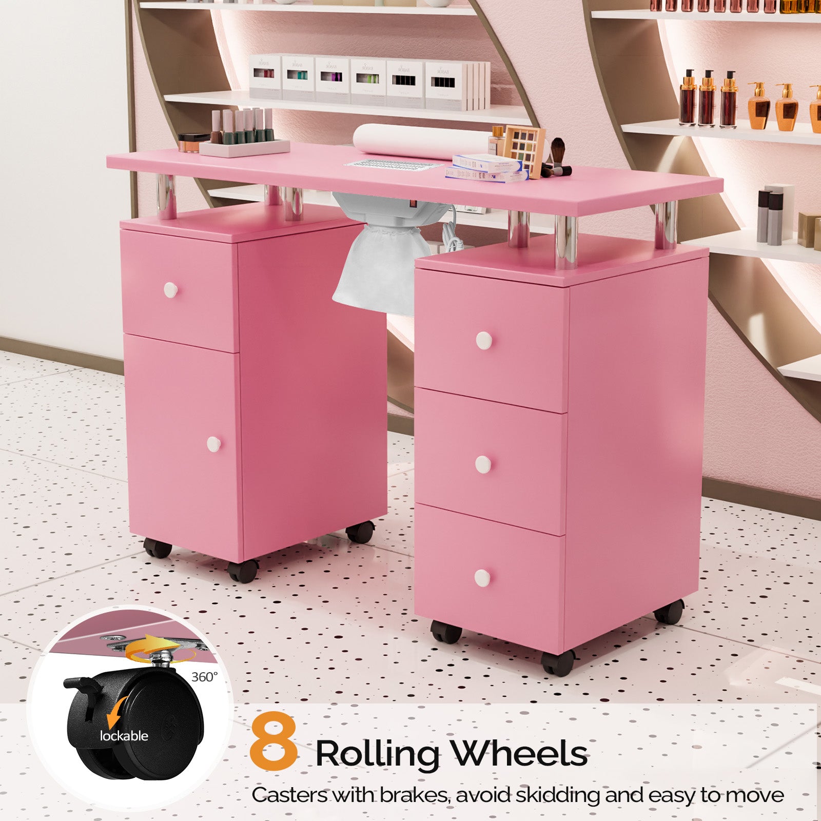 Omysalon Manicure Table Nail Desk w/Electric Downdraft Vent Black/White/Pink