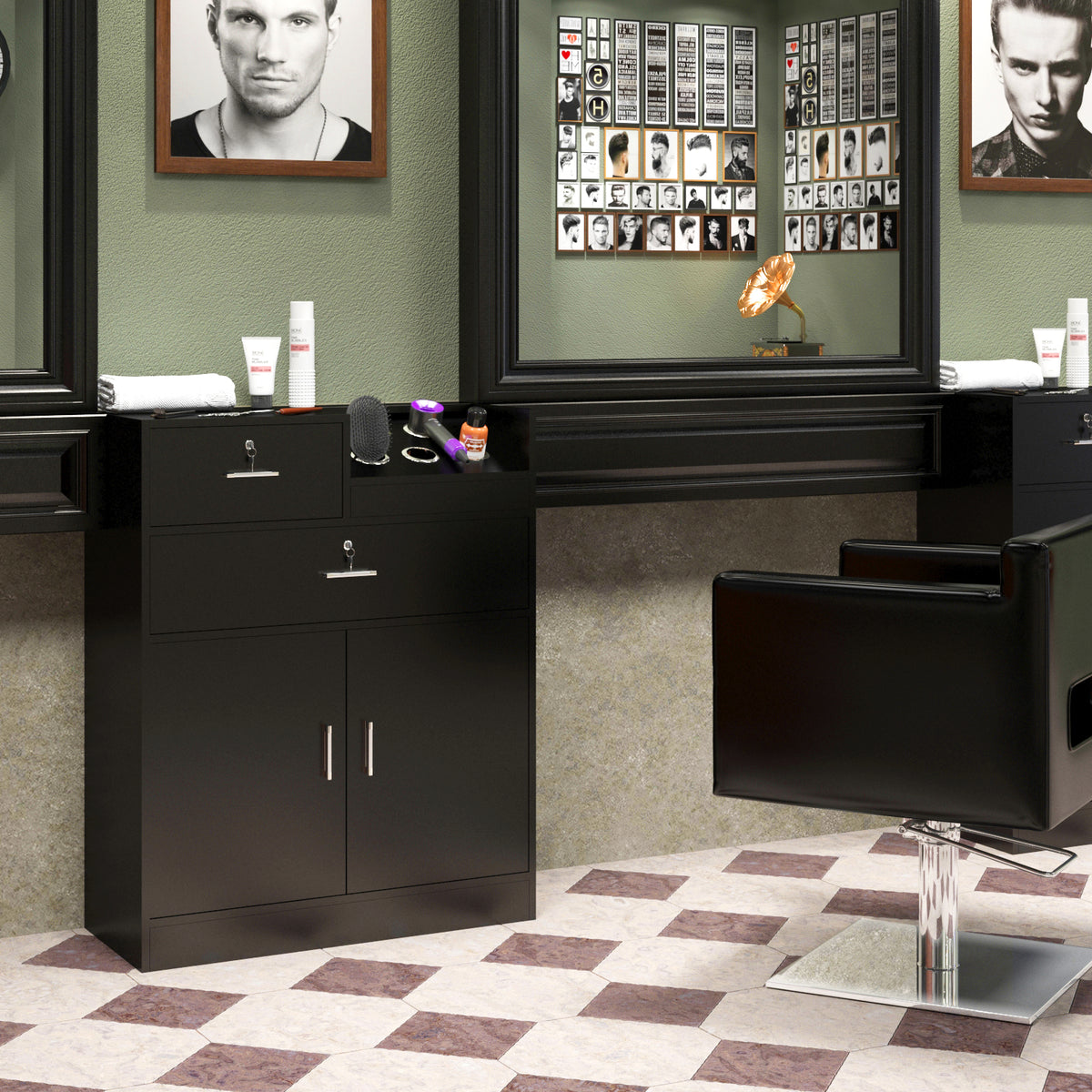OmySalon HSC-18 Free Standing Salon Storage Station Cabinet w/2 Lockable Drawers 1 Cabinet 5 Hair Dryer Holders