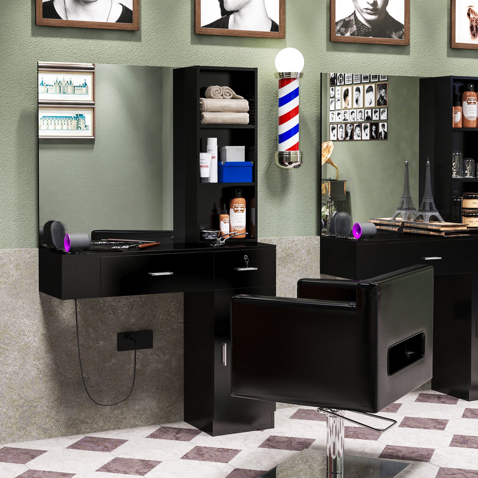 OmySalon Barber Salon Station Wall Mount Hair Styling Station Beauty Spa Salon Equipment Set Black