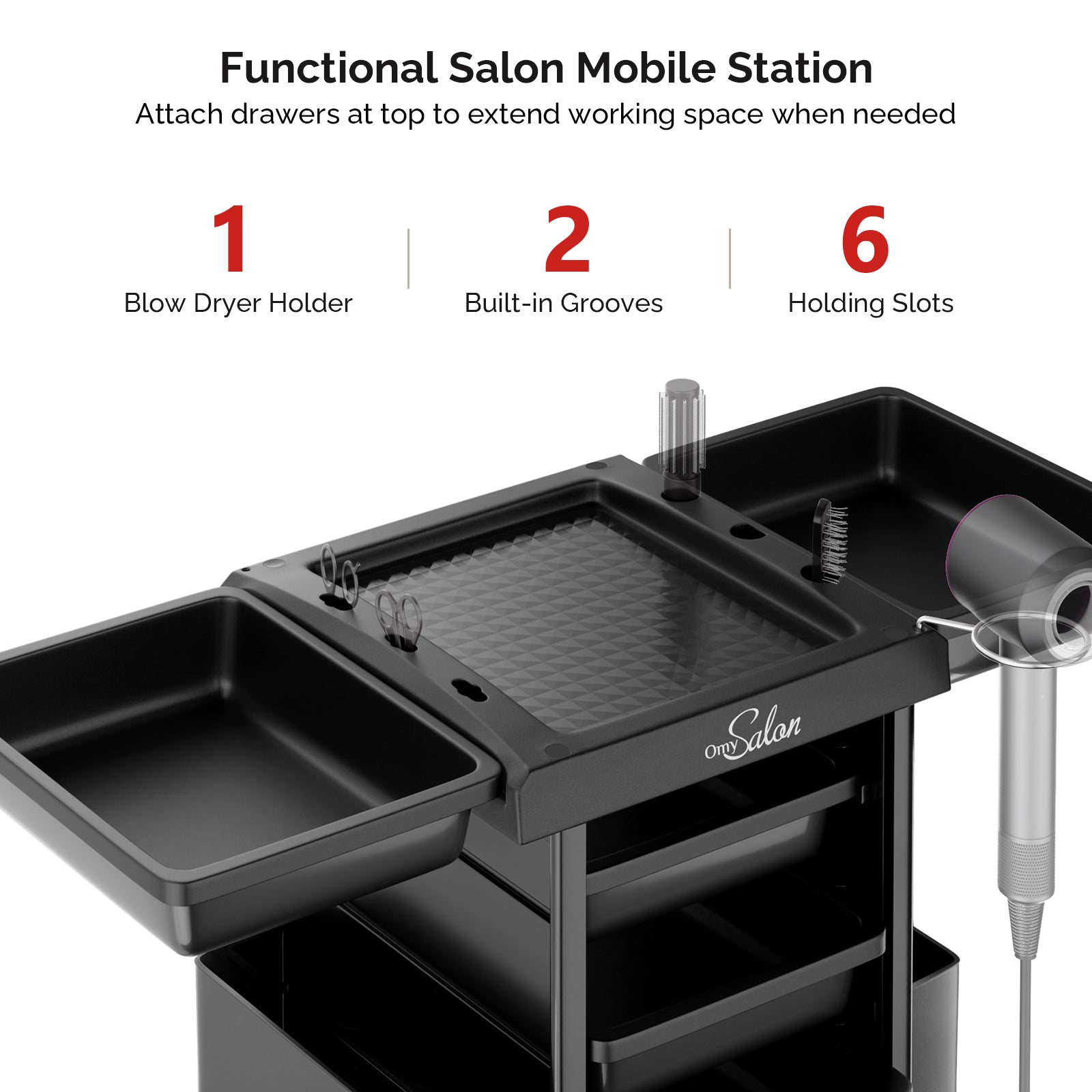 OmySalon Multipurpose Rolling Salon Trolley Cart w/Wheels & 6 Drawers Hair Dryer Holders