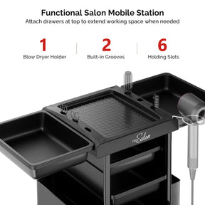 OmySalon ST1101 Multipurpose Rolling Salon Trolley Cart w/Wheels & 6 Drawers Hair Dryer Holders
